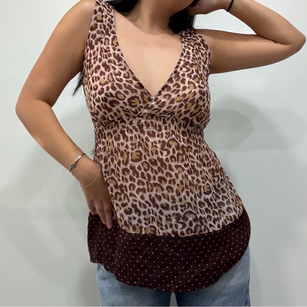 BCBG Leopard Print Babydoll Sheer Chiffon Top with Tie back